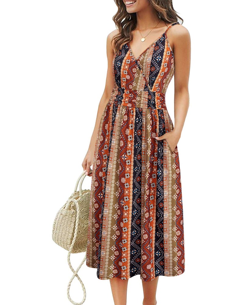 OUGES Women's Summer Spaghetti Strap V-Neck Floral Midi Party Dress with Pockets(Floral 21,M) - Image 1